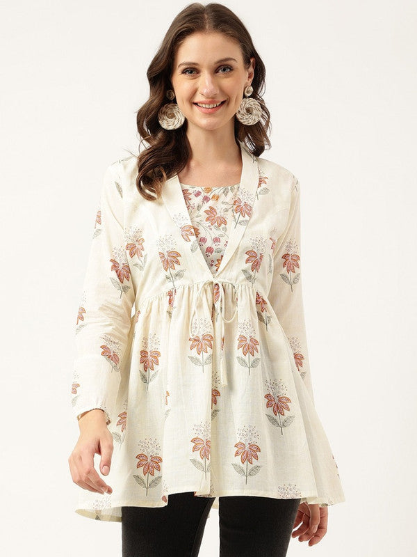 Cream Coloured Pure Cotton with Floral Printed Round neck, long, regular sleeves Women Party/Daily wear Western Longline Empire Top!!