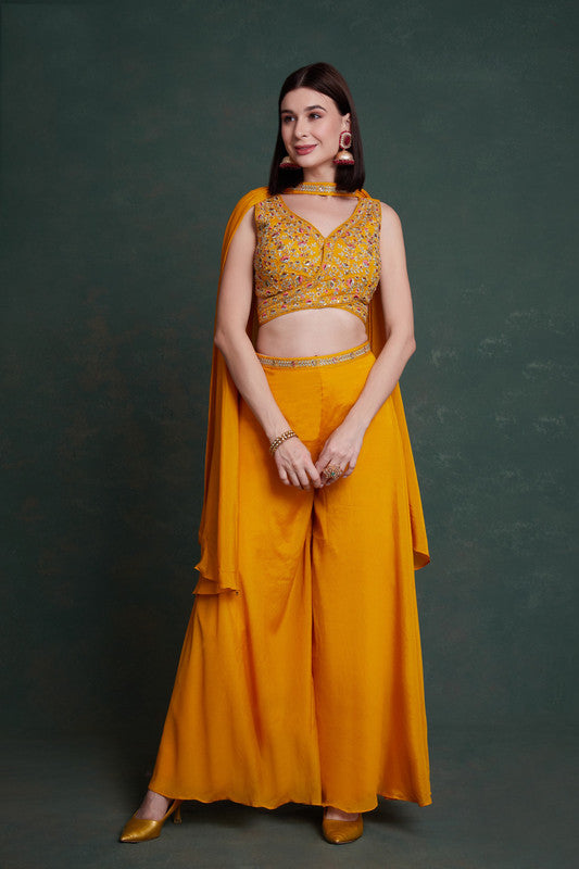 Mustard Yellow Coloured Real Chinon with Embroidery & Sequence Work Women Designer Party wear Top with Bottom & Dupatta!!