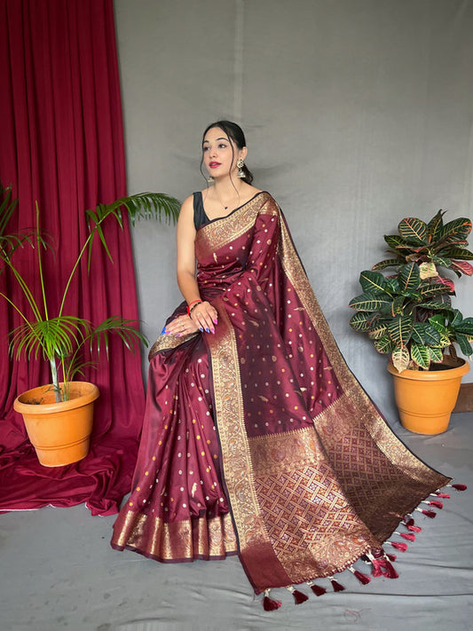 Maroon & Multi Coloured with Copper & Golden Zari & Beautiful Motifs, Rich Pallu Women Designer Soft Silk Saree with Blouse!!