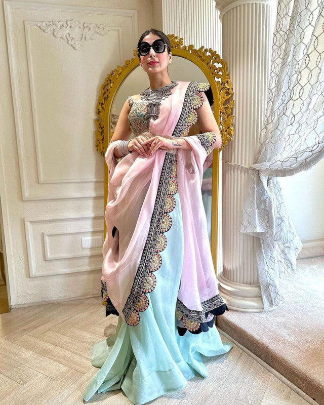 Pink & Sky Blue Coloured Organza Silk Embroidery Work Women Designer Party wear Indo Western Blouse with Sharara & Shrug!!