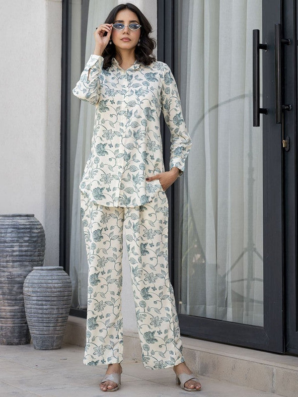 White & Green Coloured Pure Cotton with Floral Print Long Cuffed Sleeves Women Designer Party/Casual wear Shirt with Trousers Co-Ords Set!!