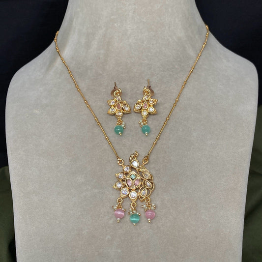 Gold & Multi Coloured Pure Brass and Copper Women Designer Gold Plated Pendent Necklace with Earrings Set!!