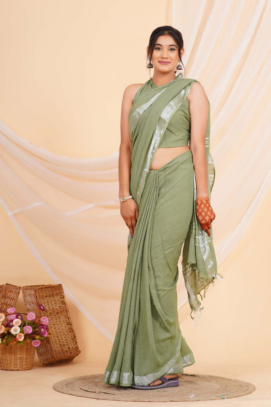 Pista Green Coloured Linen Cotton with Print & Zari Border Women Party/Casual Wear Plain Linen Cotton Saree with Blouse!!