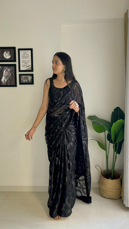Black Coloured with Dual Sequence work with back patch support lace border Women Designer Fancy Georgette Saree with Sequence Blouse!!
