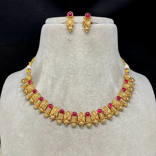 Gold & Dark Pink Coloured Pure Brass and Copper with Real Kundan Stones Women Designer Gold Plated Choker with Earrings Set!!