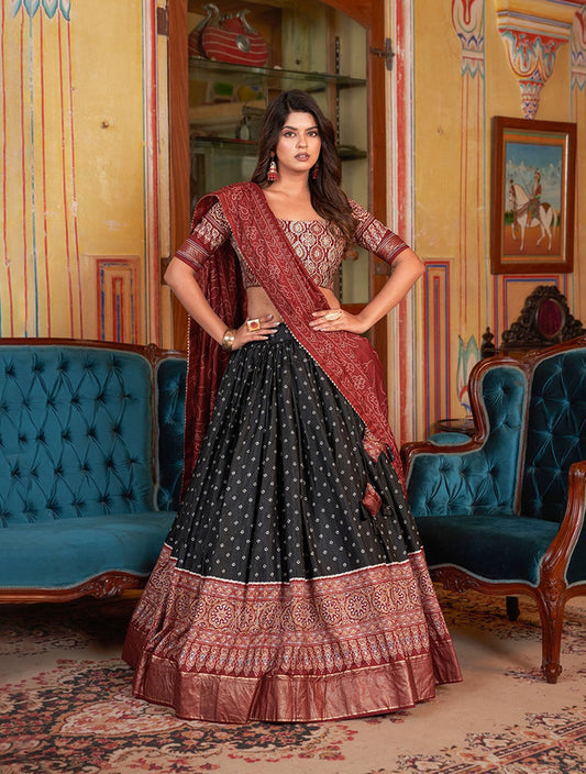 Black & Maroon Coloured Dola Silk Bandhani & Ajarakh Print with Foil Work Woman Designer Party wear Lehenga choli & Dupatta!!