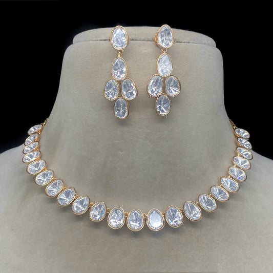 Gold & White Coloured Pure Brass Gold Plated with Real Moissanite 92.5 Carat Women Designer Necklace Set with Earrings!!