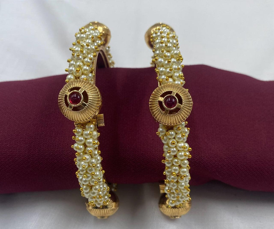 Gold with Maroon Coloured Pure Brass with Kundan Campo Pearl & One Gram Gold Plated Women Designer Beautiful Bangales Openable Kada Set!!