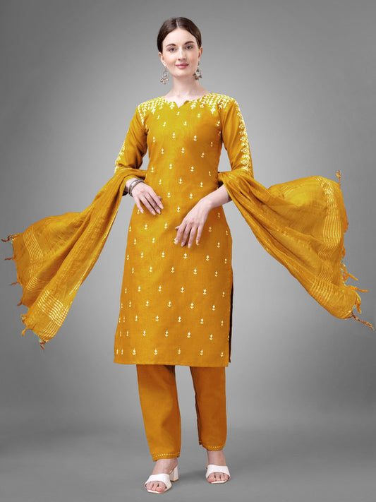 Mustard Yellow Coloured Cotton Blend with Sequence Embroidery work Women Designer Party wear Kurta with Pant & Silk Blend Dupatta!!