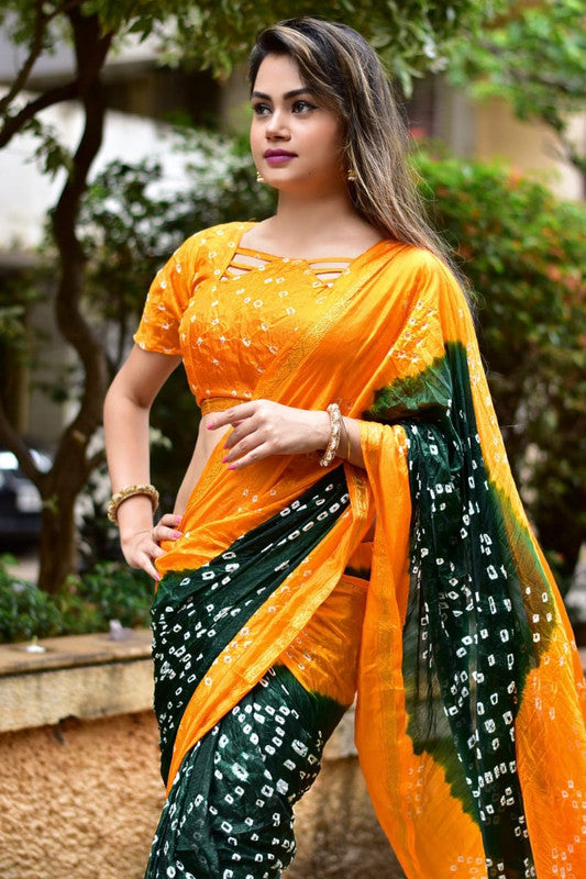 Mustard Yellow with Green Coloured Premium Silk with Beautiful Bandhani Print Women Party/Festival wear Silk Saree with Runing Blouse!!