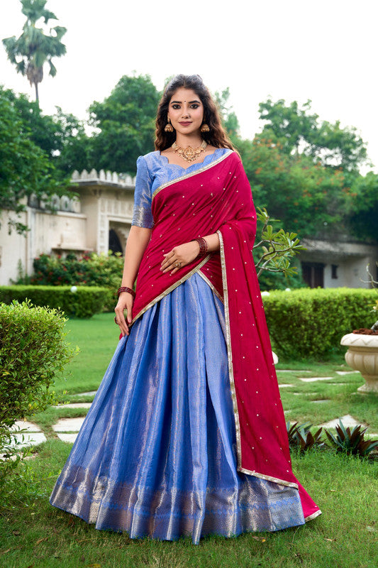 Sky Blue & Maroon Coloured Kanchipuram Silk with Zari Weaving Work Women Ethnic Festival wear Lehenga Choli & Dupatta!!