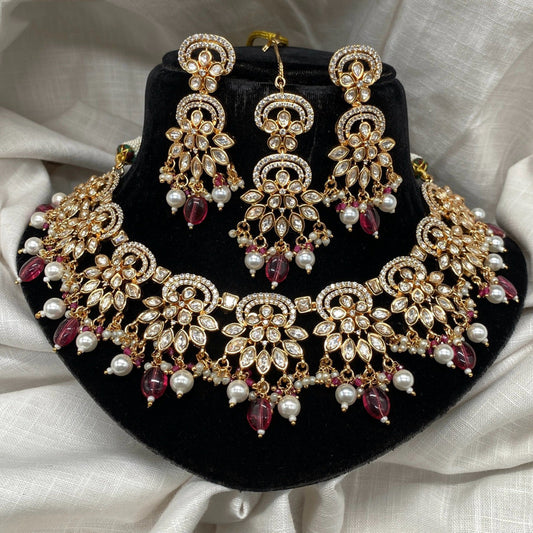 Gold & Maroon Coloured Pure Brass and Copper with Reverse American Diamond Stones Women Designer Gold Plated Necklace with Earrings Set & Mataha Patti!!