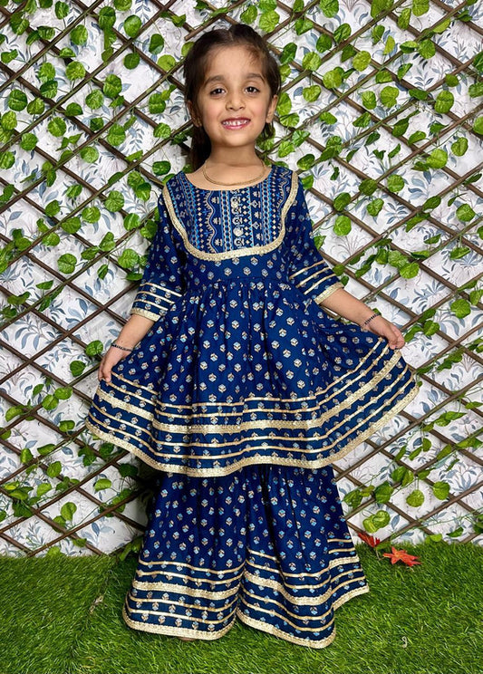 Navy Blue & Multi Coloured Pure Rayon with Beautiful Lace Work Girls Kids Designer Ethnic wear Kurta with Sharara!!