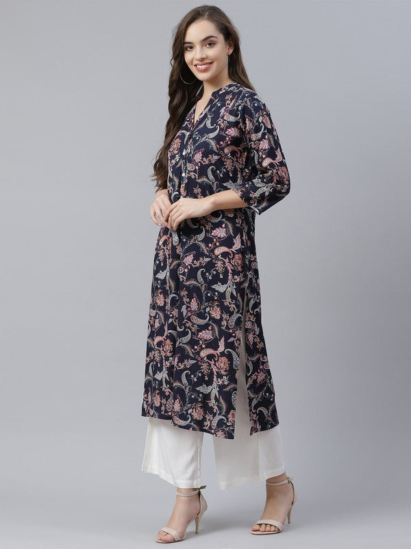 Navy Blue Coloured Pure Cotton with Ethnic motifs printed Mandarin collar Three-quarter sleeves Women Designer Party/Casual wear Straight Shape!!