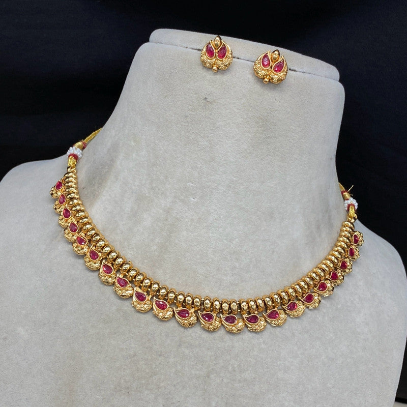 Gold & Maroon Coloured Pure Brass and Copper with Real Kundan Women Designer Gold Plated Necklace with Earrings Set!!