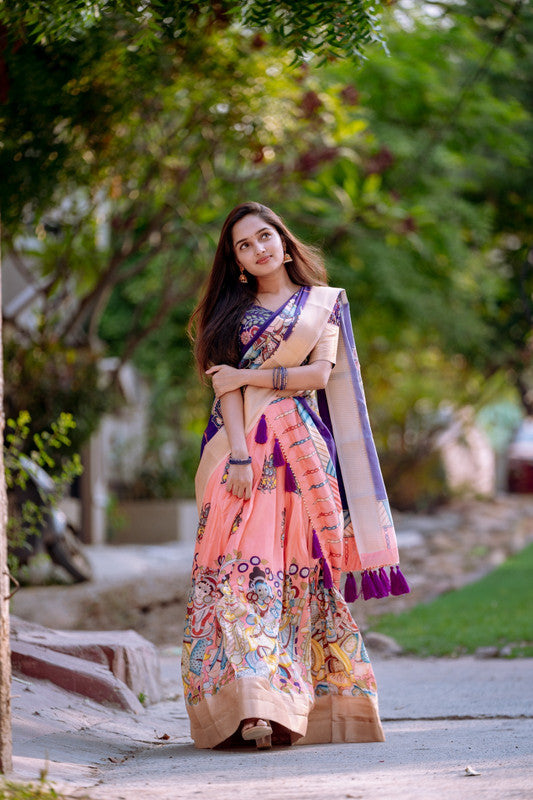 Peach & Multi Coloured Dola Silk with Kalamkari Print With Weaving Border Women Ethnic Party wear Lehenga choli ( Half Saree) with Dupatta!!