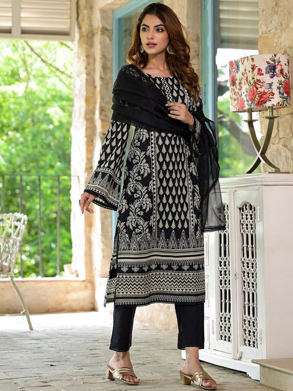 Black with Half White Coloured Pure Cotton with Ethnic Motifs Print Woman Party/Casual wear Designer Kurta with Trousers & Cotton Dupatta!!