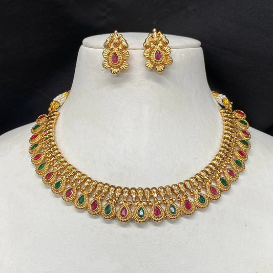 Gold & Multi Coloured Pure Brass with Real Kundan Stones Women Designer Gold Plated Choker with Earrings Set!!