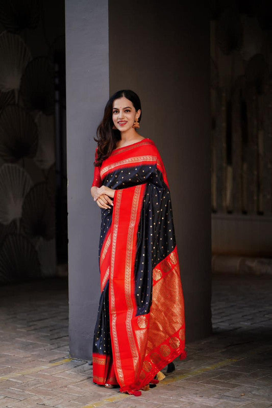 Black with Red Coloured Soft Silk with Bentex Border & Rich Pallu with Tassels Women Party/Fancy wear Soft Silk Saree with Woven Blouse!!