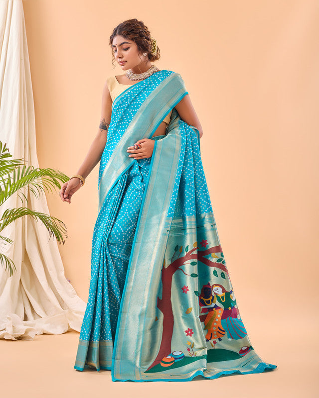 Aqua Blue & Multi Coloured Pure Heavy Bandhani weaving with Paithani pallu Women Ethnic/Party wear Silk Saree with Blouse!!