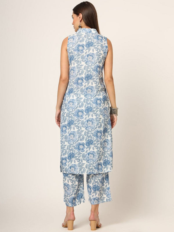 Blue Coloured Viscose rayon with Floral printed Shirt Collar Sleeveless Women Designer Party/Casual wear Straight Shape Kurta with Trousers!!