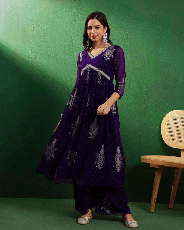 Purple Coloured Milky Georgette Zari Embroidered with Foil Printed Women Designer Party/Casual wear Alia Cut Kurta with Palazzo Set!!