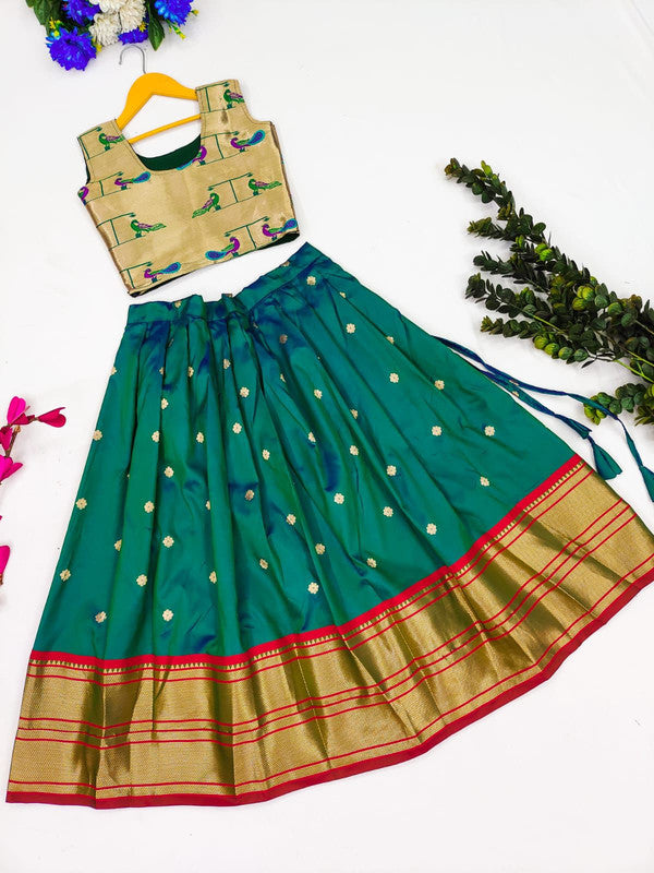 Green & Multi Coloured with Soft Banarasi Paithani Silk Fully stitched Girls Kids Festival Designer Ethnic wear Beautiful Lahenga with Blouse!!