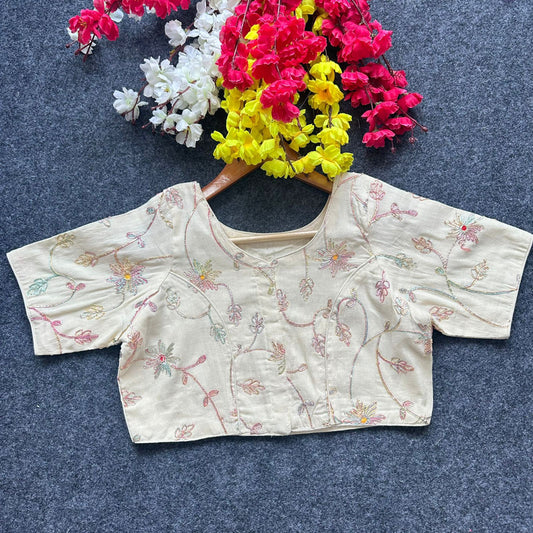 Off White & Multi Coloured Diable Camric Cotton with Thread Sequence & Embroidery Work Woman Designer Ready made Blouse - 38 Size Fits Up to 40 Inch!!