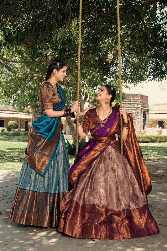 Brown & Multi Coloured Jacquard Silk with Zari Weaving Work Women Ethnic Party wear Lehenga choli ( Half Saree) with Dupatta & Belt!!