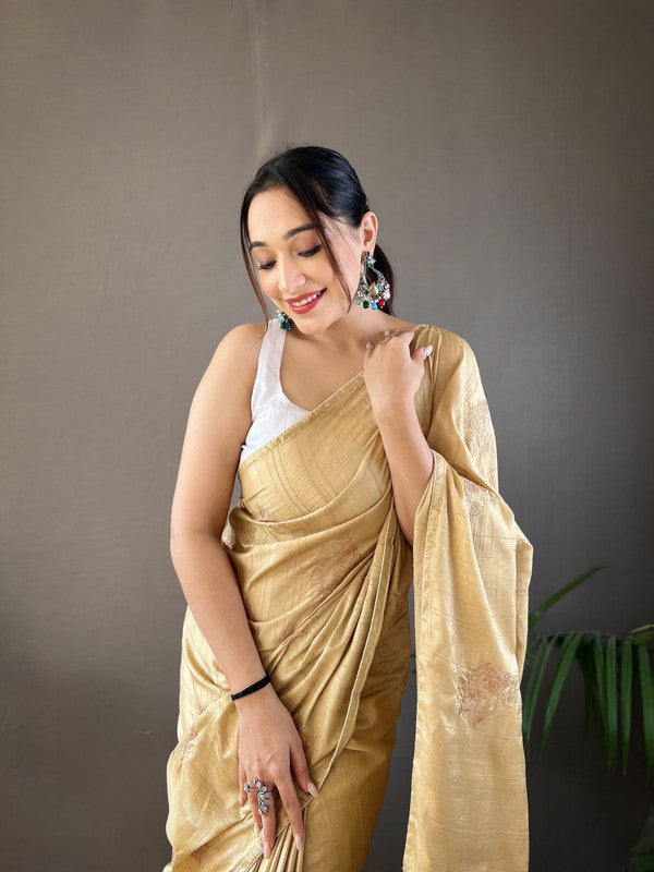 Gold Coloured Soft Silk with Zari, Embroidery and Piping Work Women Ethnic/Party wear Silk Saree with Running Butti Blouse!!