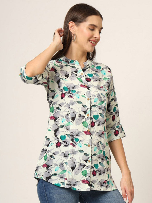 Multi Coloured Rayon with Floral print Mandarin collar roll-up sleeves Women Party/Daily wear Western Shirt Style Top!!