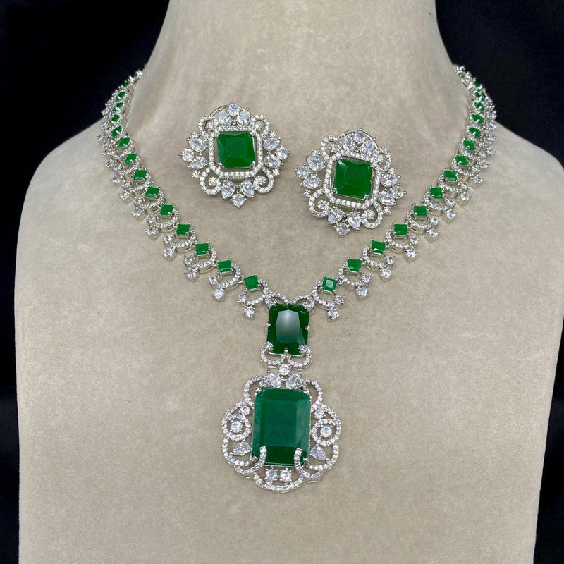 Silver & Green Coloured Pure American Diamonds with Emerald Stones Women Designer Necklace with Earrings Set!!