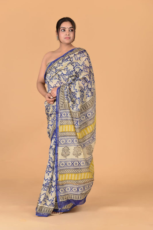 Blue & Multi Coloured Chanderi Silk with Hand Block Printed Women Party/Traditional Wear Chanderi Silk Saree with Blouse!!