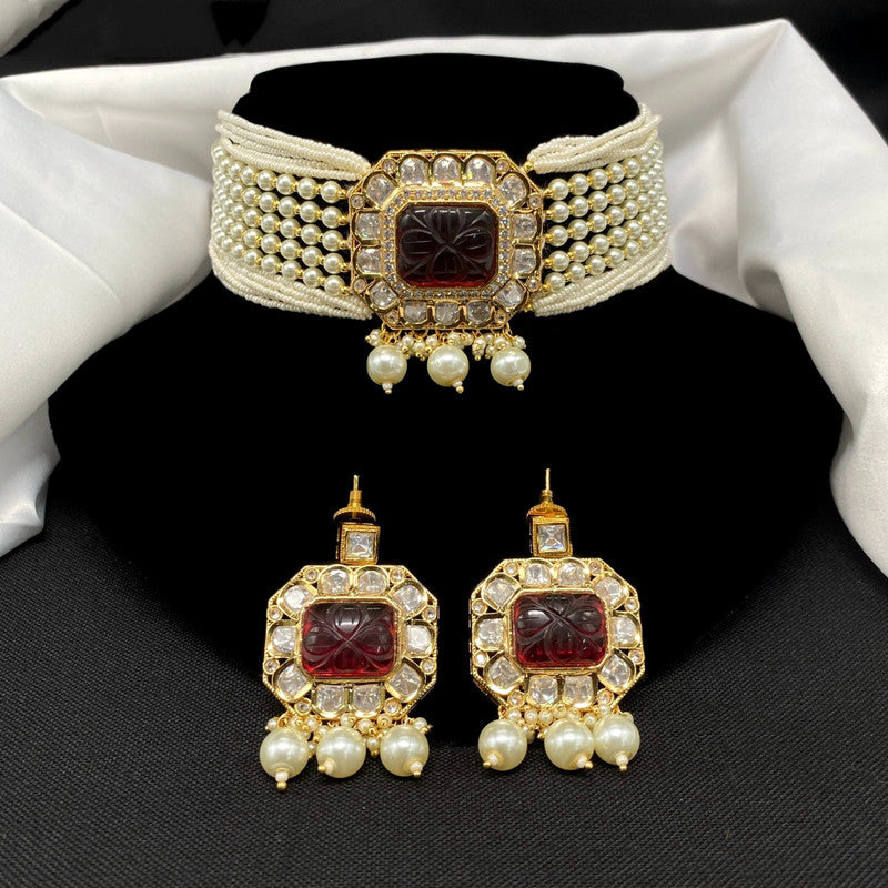 Maroon & Gold Coloured Pure Campo Pearls with Real Kundan Women Designer Choker with Earings set!!