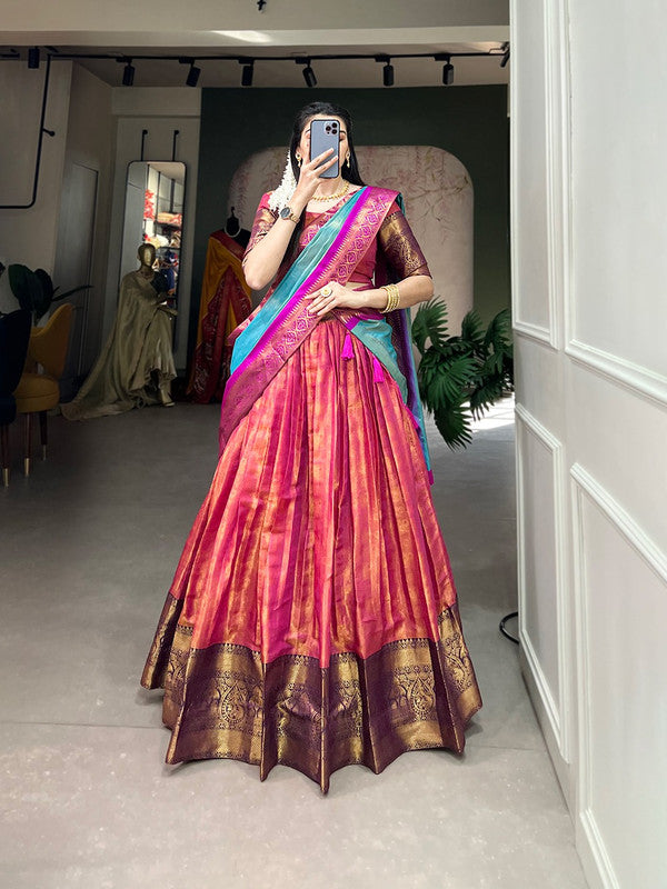 Red & Multi Coloured Kanjivaram with Zari Weaving Work Women Ethnic Party wear Lehenga choli ( Half Saree) & Dupatta!!