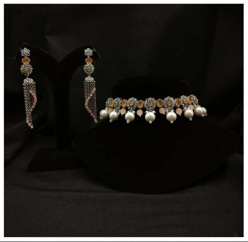 Silver Plated & Mehendi Yellow Coloured Pure Brass and Reverse American Diamond Stones Women Designer Necklace with Long Jhumka Earrings!!