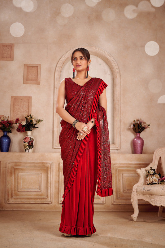 Maroon & Red Coloured with Imported Fabric & Sequence Work Women Designer Fancy Ready to wear Saree with Sequence Blouse!!