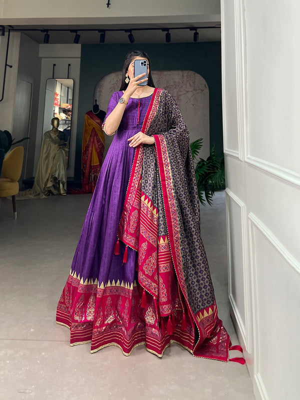 Purple & Multi Coloured Tussar Silk With Foil Print Women Designer Party/Casual wear Ready to Wear Gown with  Gotta Patti Lace Border Dupatta Set!!