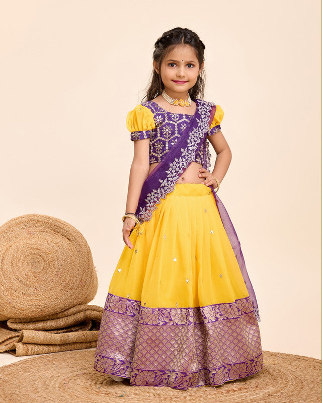 Mustard Yellow & Purple Coloured Soft Chinnon with Butta Embroidery & Heavy Zari Work Designer Girls Kids Designer Ethnic wear Lahenga with Blouse & Dupatta set!!