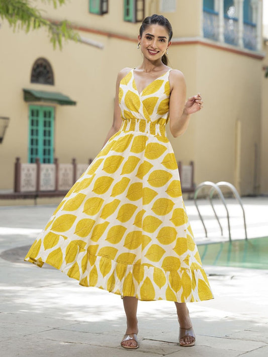 Mustard Yellow with White Coloured Pure Cotton with Tropical Print Shoulder Straps Sleeveless Women Party/Casual wear Fit & Flare Western Midi Dress!!