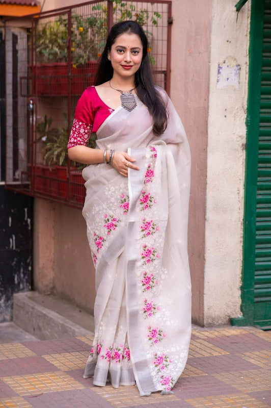 Light Grey Coloured Pure Linen Cotton with Silver Zari & White thread Multi Embroidery Chikankari Work Linen Saree with Phantom Silk Blouse!!