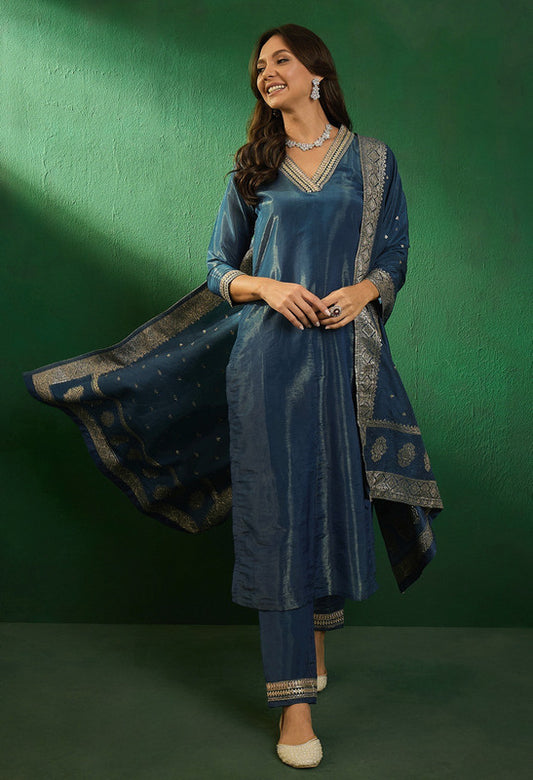 Teal Blue Coloured Shimmer with Zari Sequence Embroidery Cut work Women Designer Party wear Kurta with Pant & Jacquard Dupatta!!