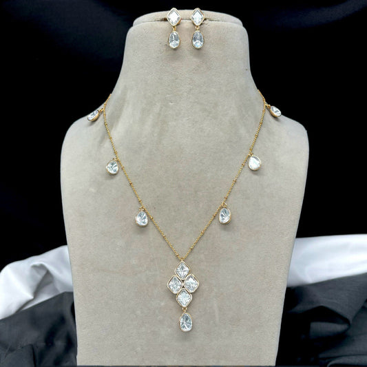 Gold & White Coloured Pure Brass Gold Plated with Real Moissanite 92.5 Carat Women Designer Chain with Pendent Set & Earrings!!