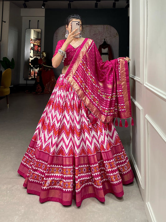 Dark Pink & Multi Coloured Tussar Silk Leheriya With Foil Print Woman Designer Party wear Lehenga choli & Dupatta!!