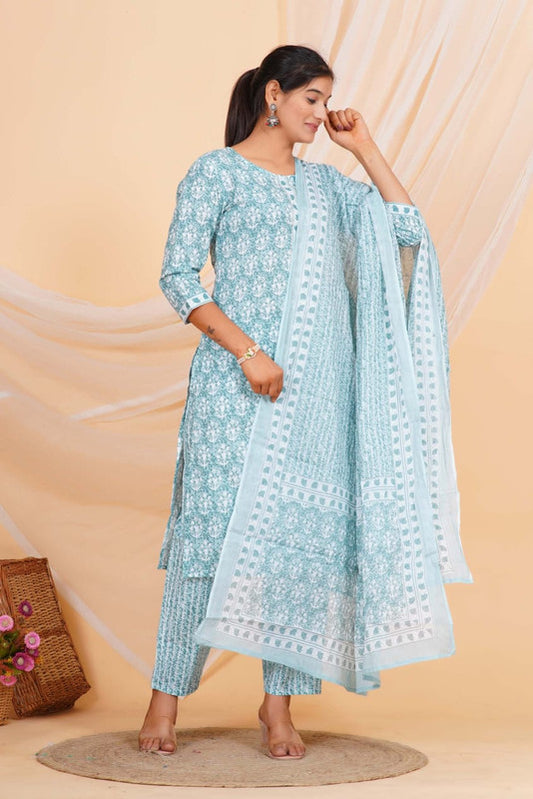 Light Rama Blue & Multi Coloured Pure Cotton with Beautiful Hand Print Woman Party/Casual wear Designer Stitched Suit with Salwar & Mul Cotton Dupatta!!