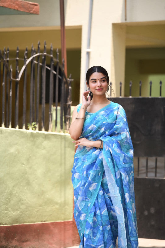 Blue & White Coloured Heavy Linen with Beautiful Digital Print Women Party/Casual wear Cotton Saree with Running Blouse!!