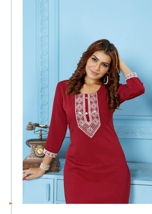 Maroon Coloured Rinkal Cotton with Embroidery Work Round Neck 3/4 sleeves Women Designer Party/ Casual wear Kurti with Pant!!