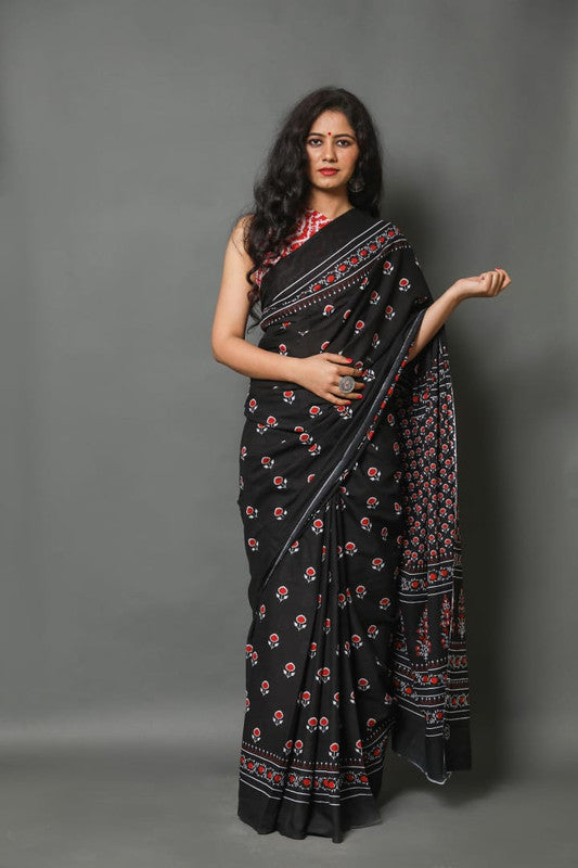 Black & Multi Coloured Pure Mul Cotton with Beautiful Hand Print Women Party/Casual wear Mul Cotton Saree with Runing Blouse!!