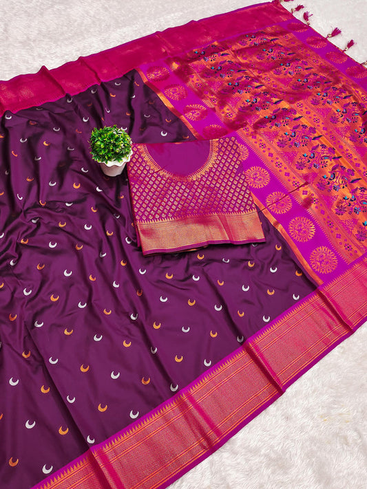 Wine & Multi Coloured Soft Paithani Silk with Gold & Silver Zari weaving Moon Design & Meenakari Work Women Party/Festival wear Silk Saree with Blouse!!