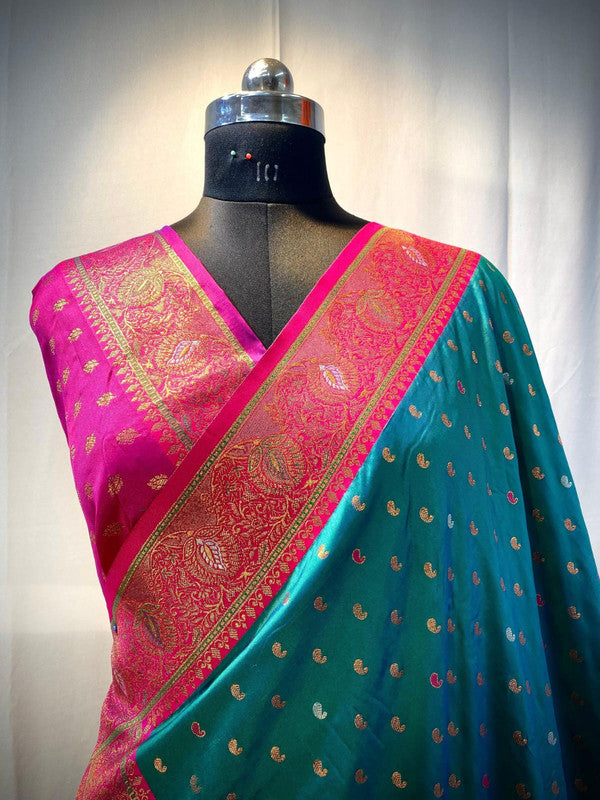 Rama Blue with Rani Pink & Red Coloured Soft Paithani silk with Weaving Border & Rich Pallu Women Festival/ Party wear Silk Saree with Blouse!!